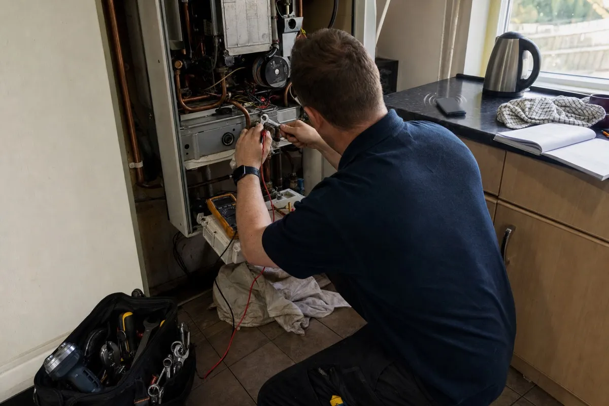 An HVAC engineer working on a wall-mounted boiler while a phone buzzes unanswered on the worktop beside the open tool bag.