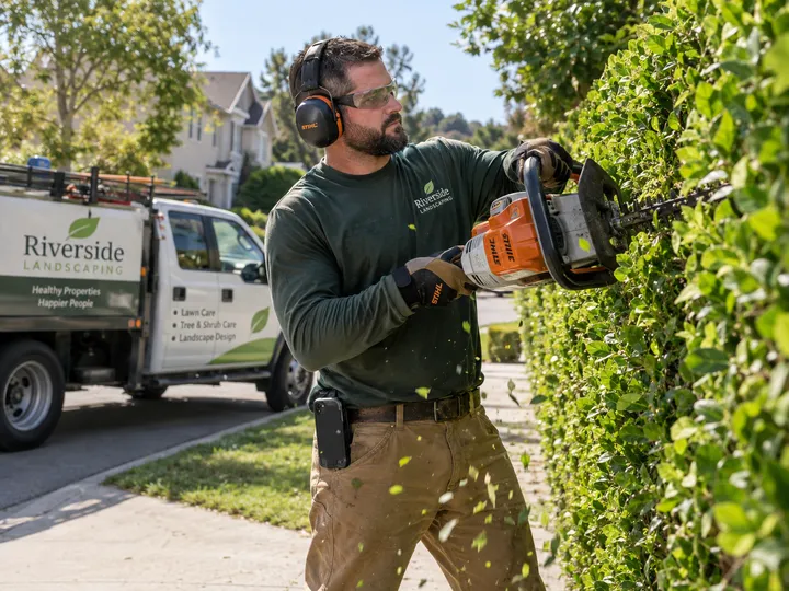 Landscaper trimming while AI handles incoming booking call