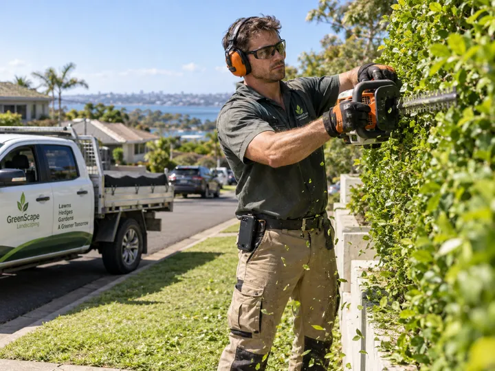 Gardener trimming while AI handles incoming booking call
