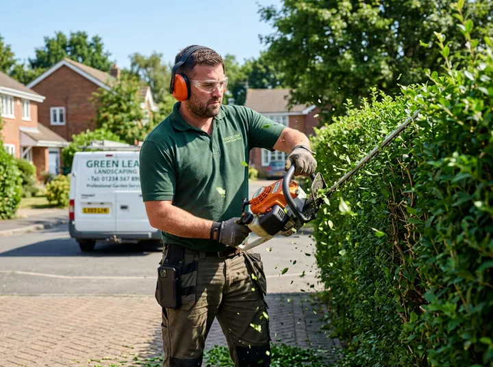 Gardener trimming hedges while AI handles incoming booking call