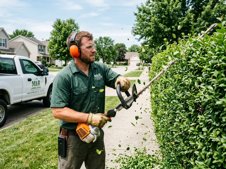 Landscaper trimming while AI handles incoming booking call
