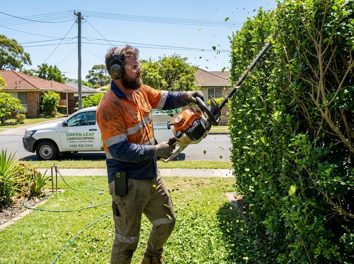 Gardener trimming while AI handles incoming booking call
