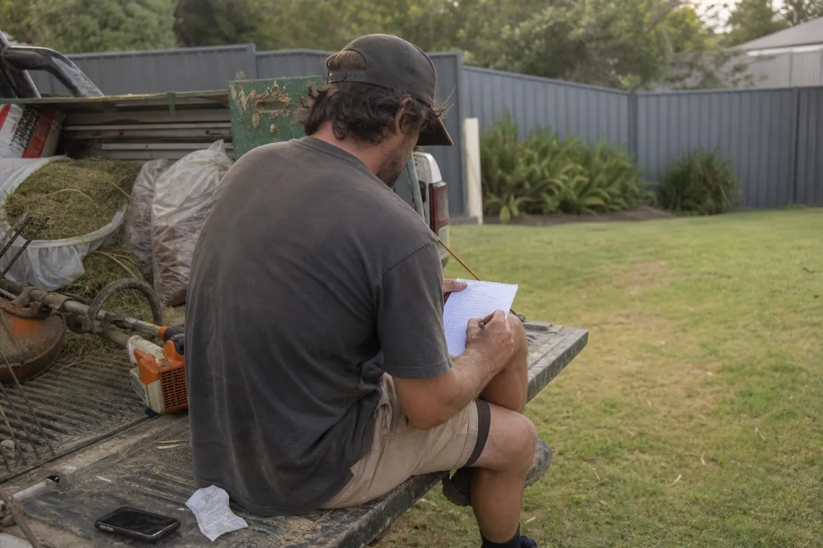 A landscaper sitting on the back of a work van, writing job costs and a quote on a paper notepad