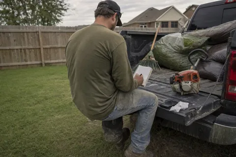 A landscaper sitting on the back of a work van, writing job costs and a quote on a paper notepad