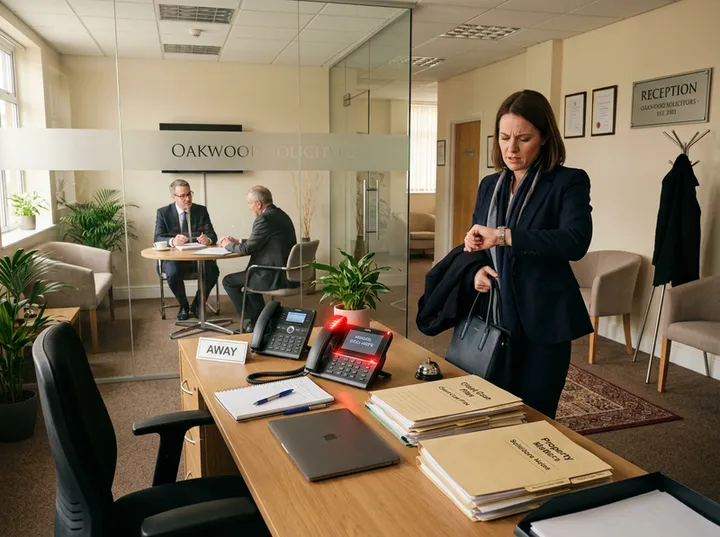 Law firm reception with unanswered phone while lawyer is in a client meeting