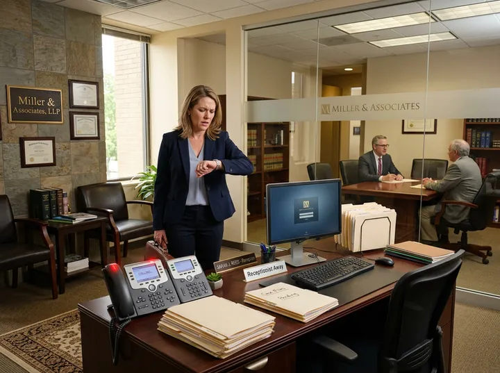 Law firm reception with unanswered phone while attorney is in a client meeting