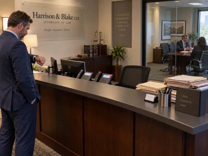 Law firm reception with unanswered phone while attorney is in a client meeting