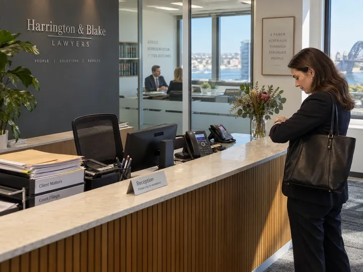 Law firm reception with unanswered phone while lawyer is in a client conference