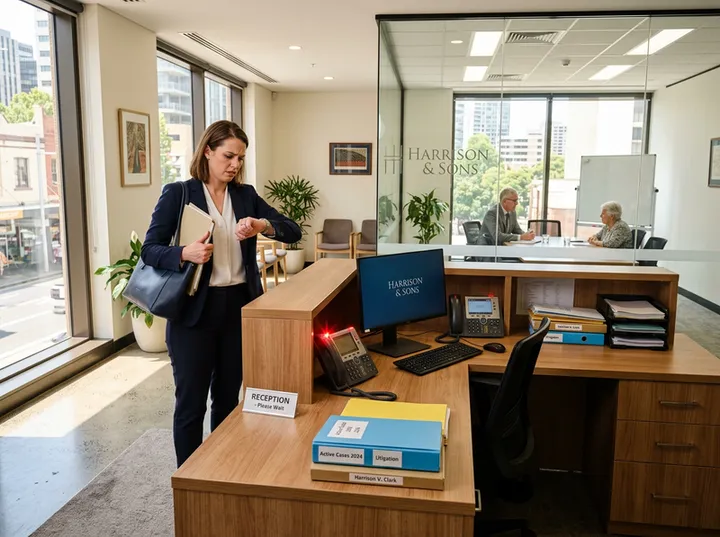 Law firm reception with unanswered phone while lawyer is in a client conference