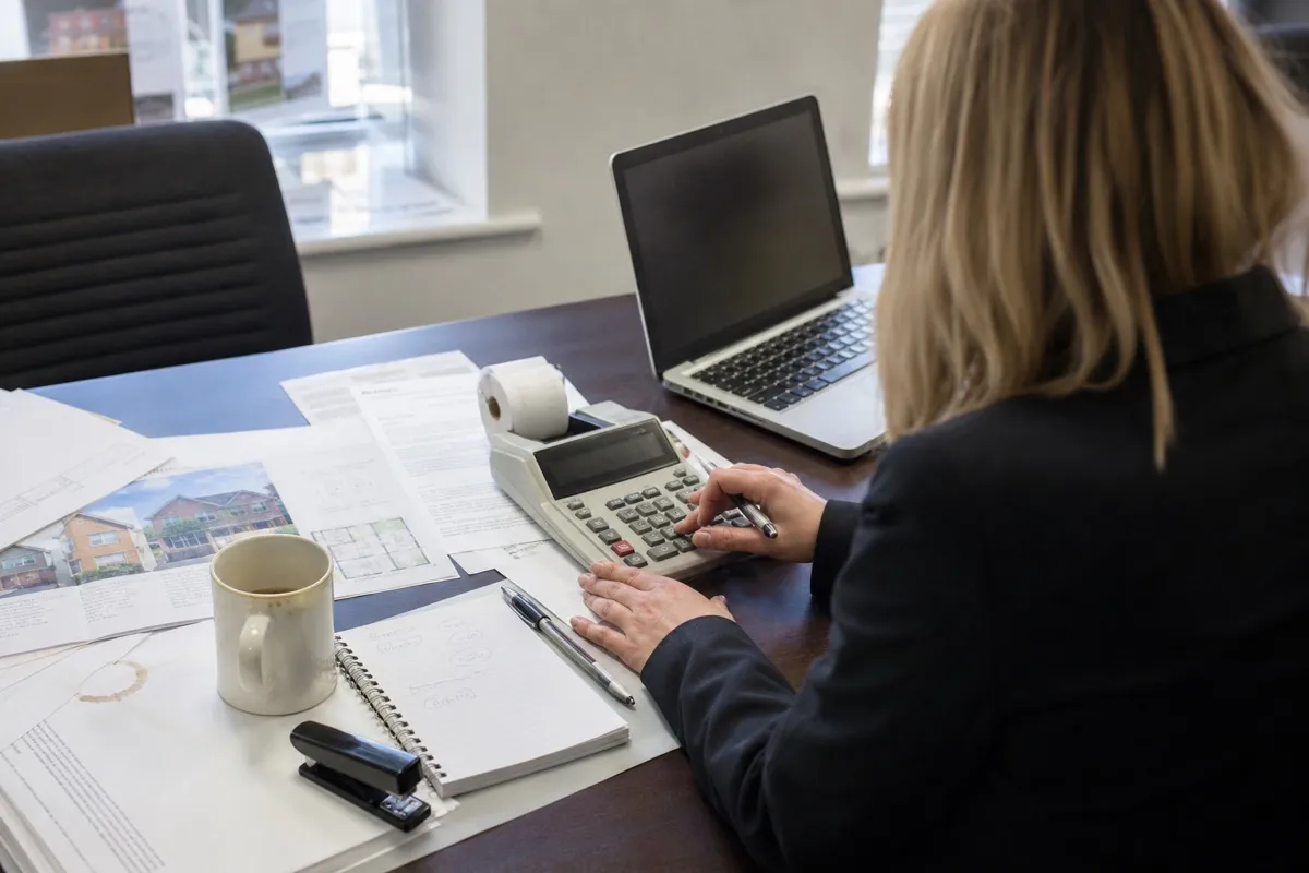A letting agent working out a property management fee on a desk calculator over rental paperwork and printed property particulars