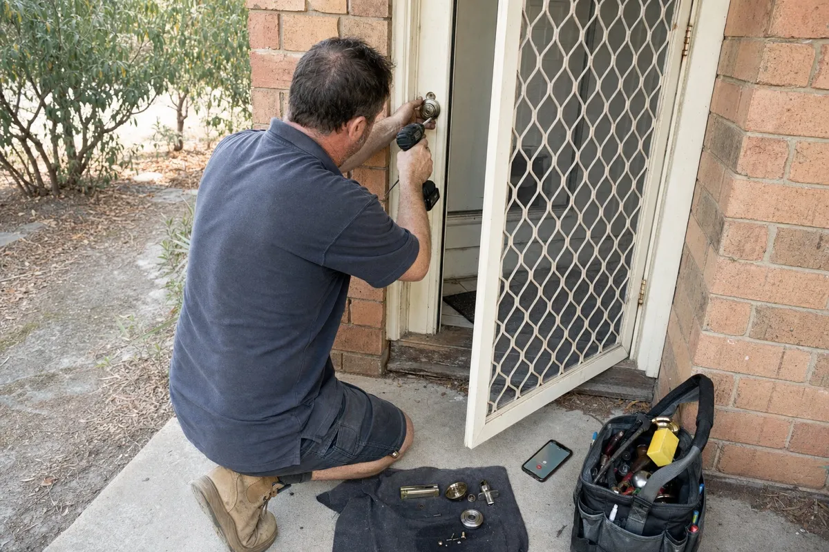 A one-van locksmith kneeling at a front door working on the lock while his phone rings unanswered on the step beside his tools