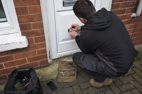 A one-van locksmith kneeling at a front door working on the lock while his phone rings unanswered on the step beside his tools