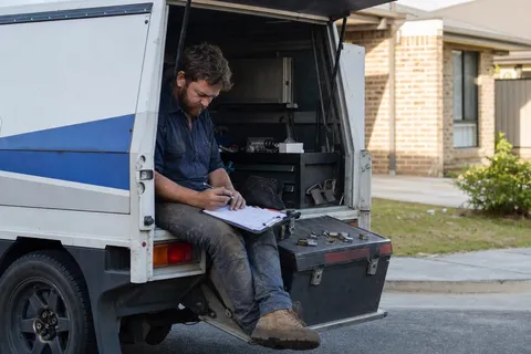 A locksmith working out a rate card on paperwork in the back of a signwritten work ute