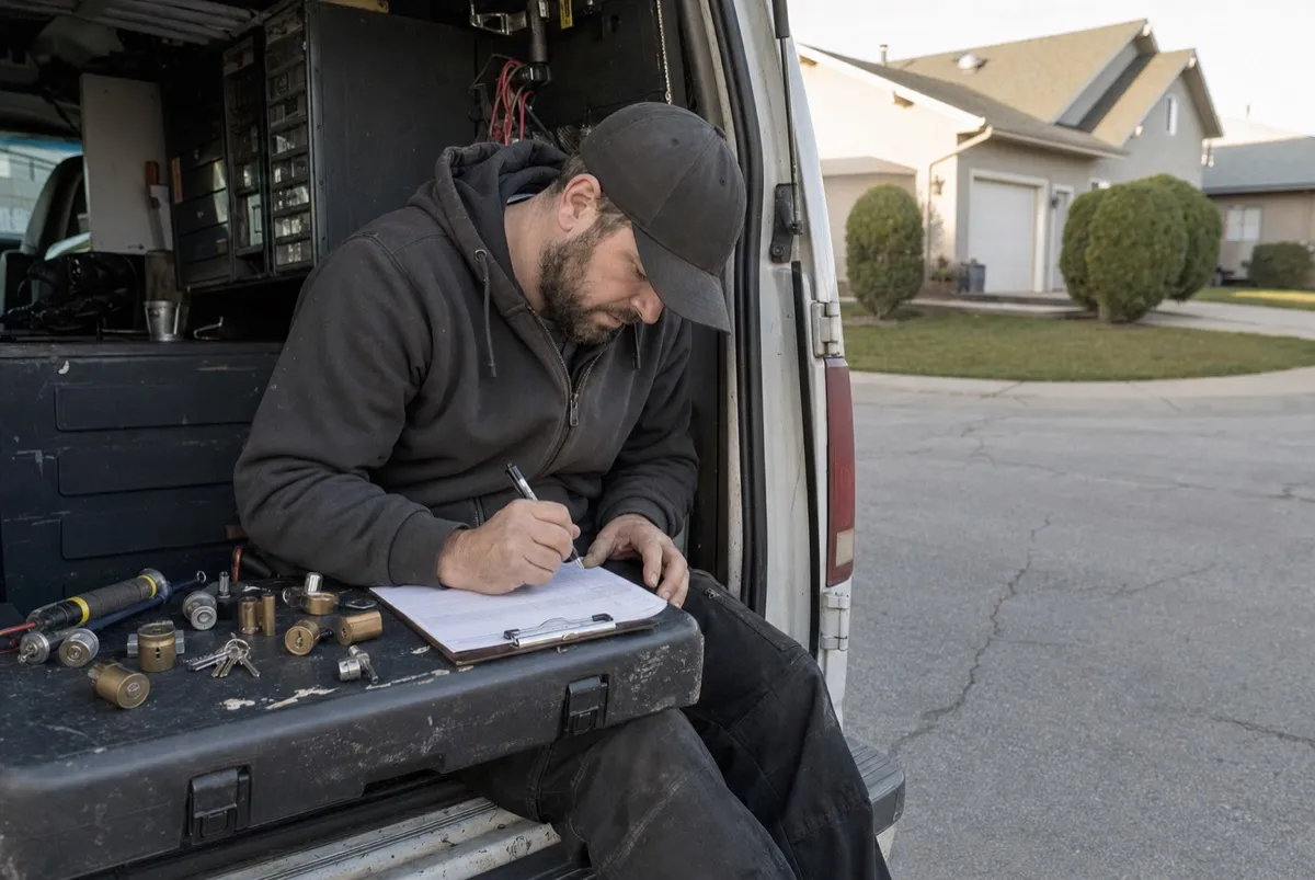 A locksmith working out a rate card on paperwork in the back of a branded service van