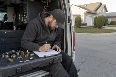A locksmith figuring out a rate card on paperwork in the back of a branded service van