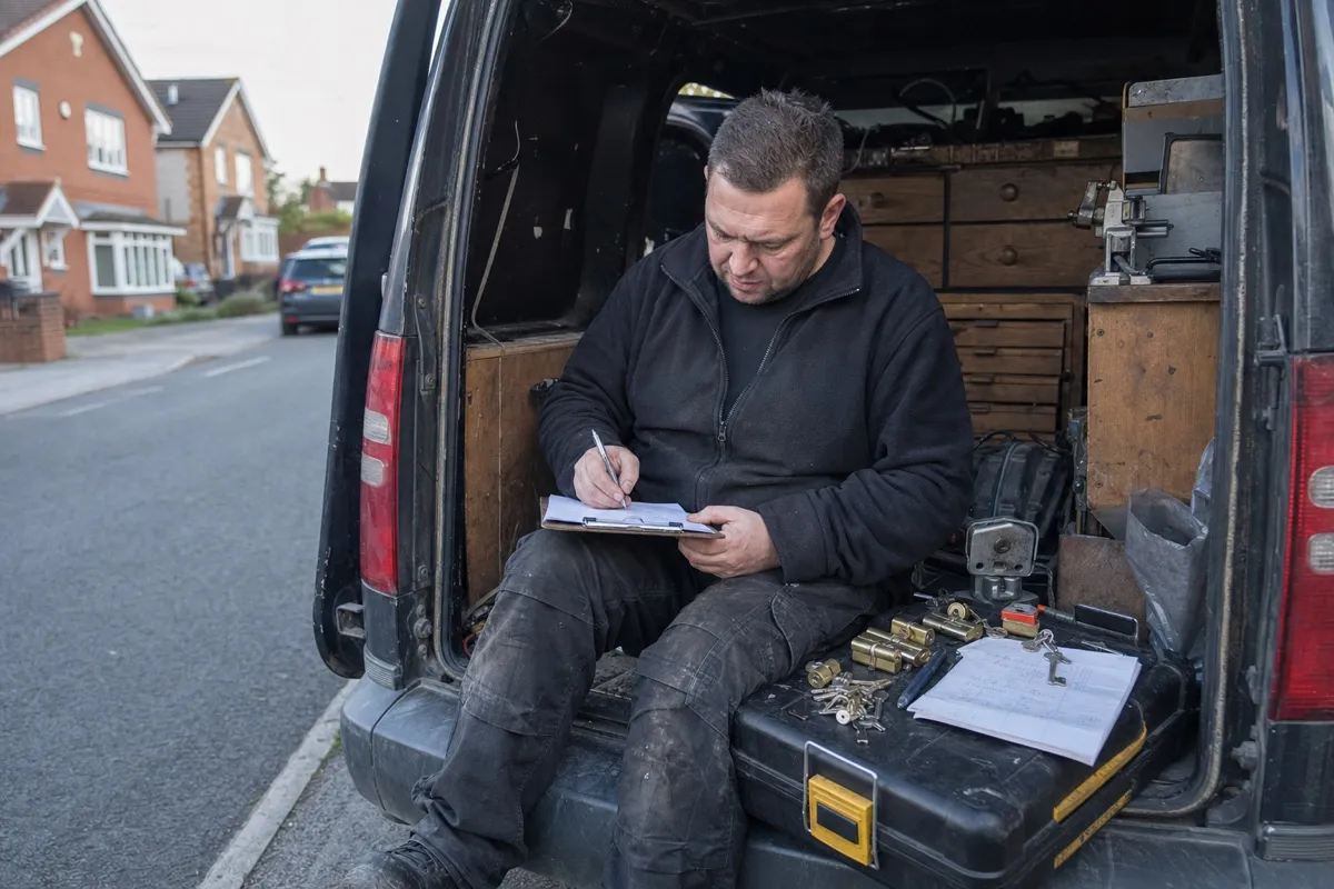 A locksmith working out a rate card on paperwork in the back of a sign-written van