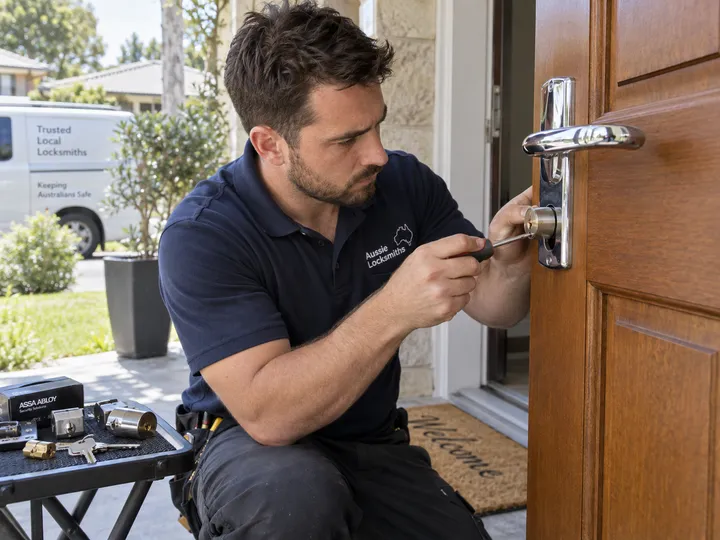 Locksmith fitting a lock while AI handles incoming phone call
