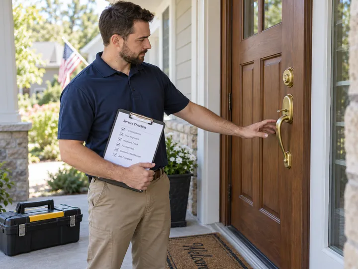 Locksmith fitting a lock while AI handles incoming phone call