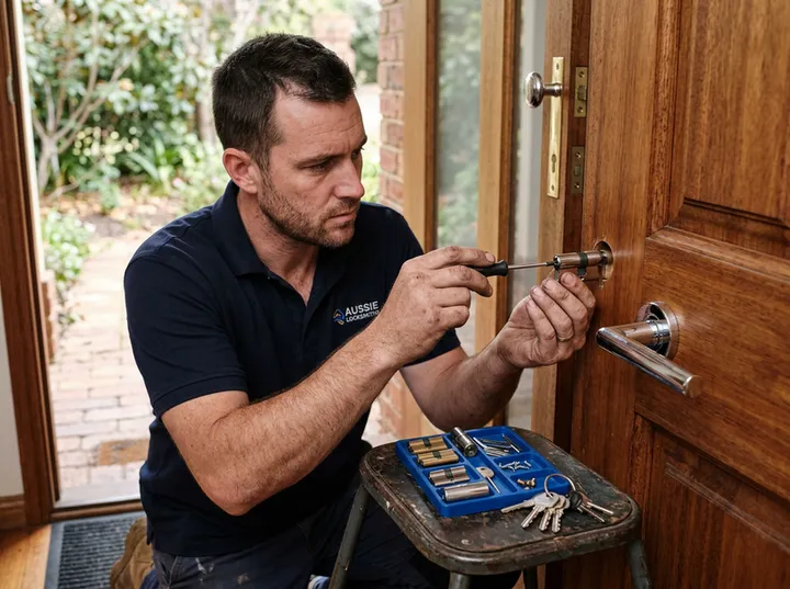 Locksmith fitting a lock while AI handles incoming phone call