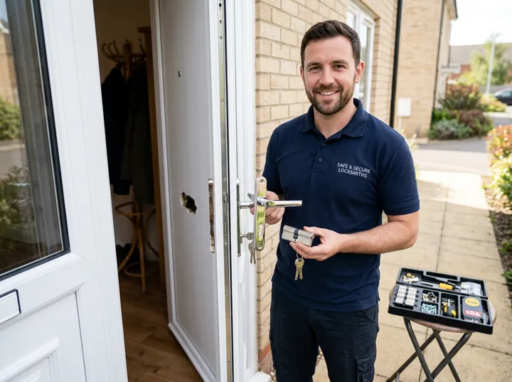 Locksmith fitting a lock while AI handles incoming phone call