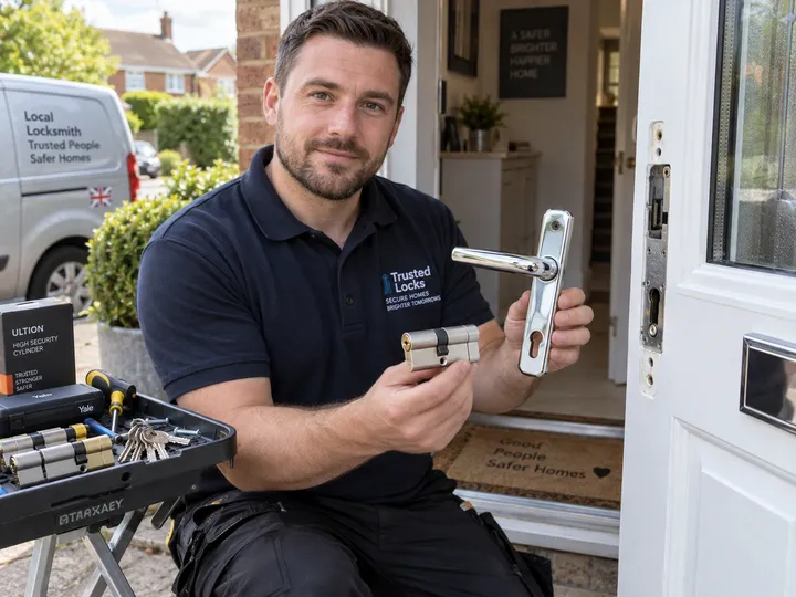 Locksmith fitting a lock while AI handles incoming phone call