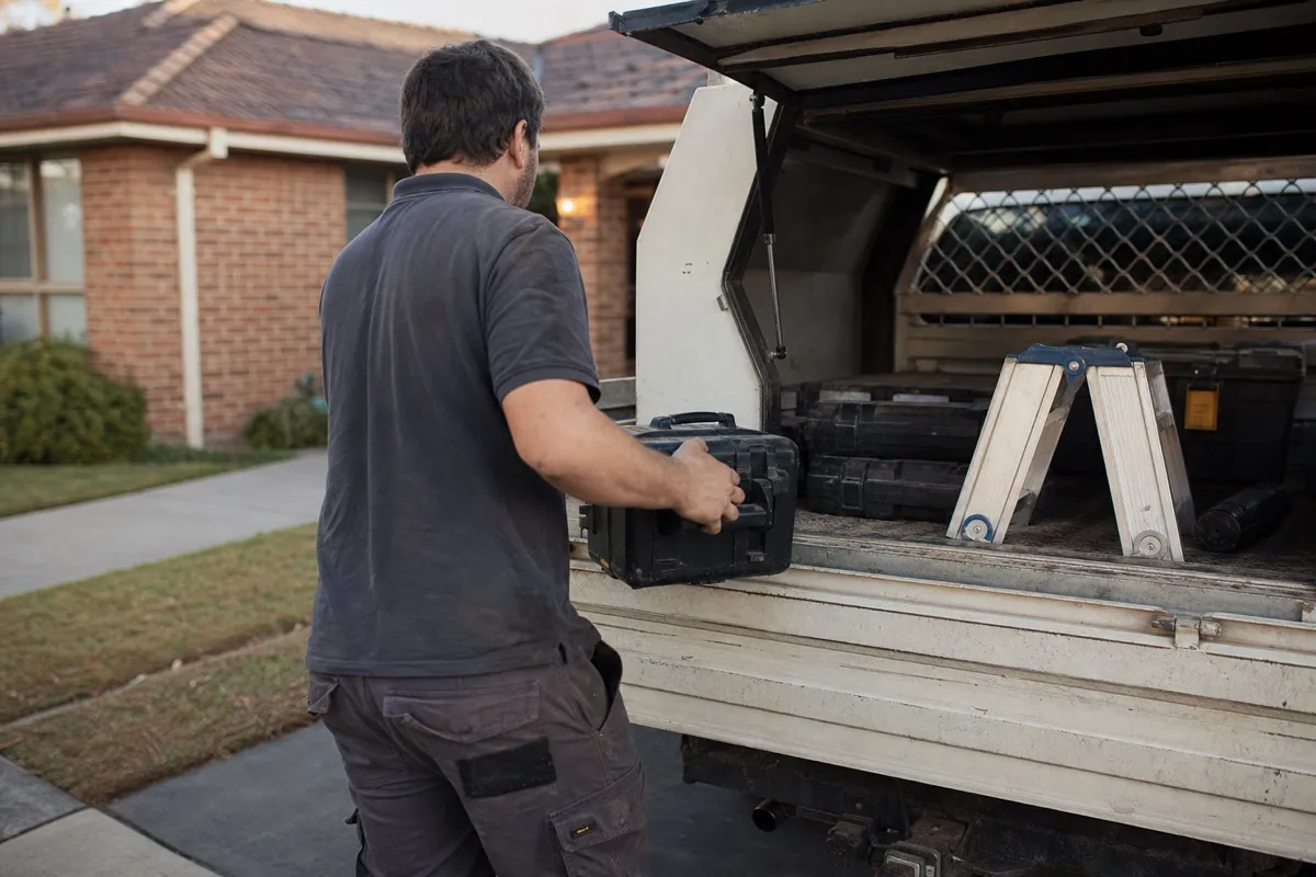 A locksmith loading tools into a sign-written van outside a New Zealand house at the start of the working day