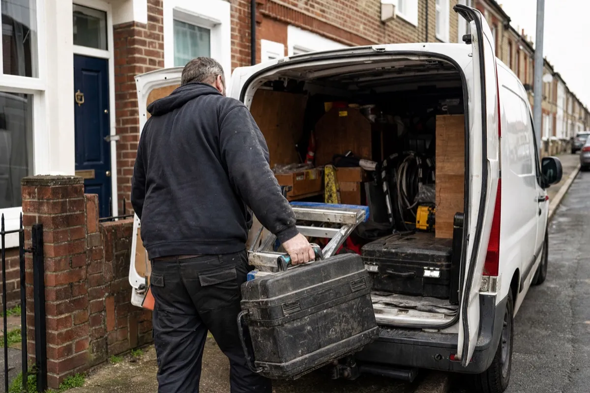 A locksmith loading tools into a sign-written van outside a UK house at the start of the working day