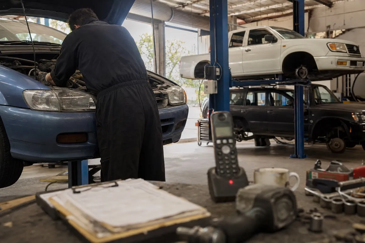 A mechanic leaning under the bonnet of a car in a busy garage while the phone rings unanswered on the cluttered counter behind him