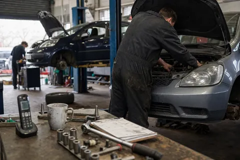 A mechanic leaning under the bonnet of a car in a busy garage while the phone rings unanswered on the cluttered counter behind him