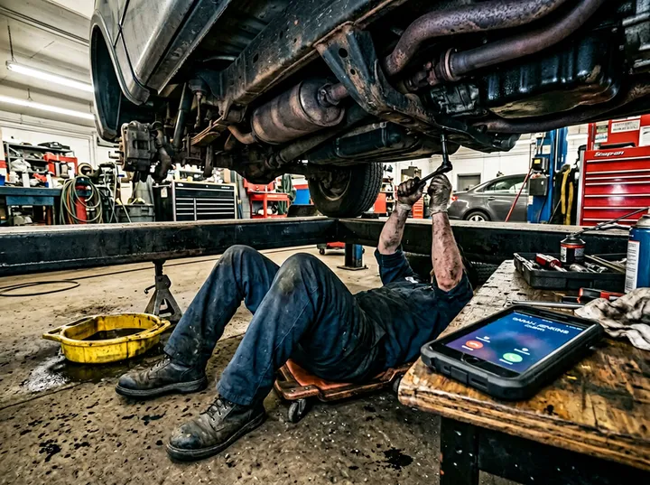 Mechanic unable to answer phone while working under a car on the lift