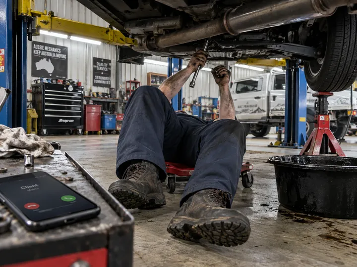 Mechanic unable to answer phone while working under a car on the hoist