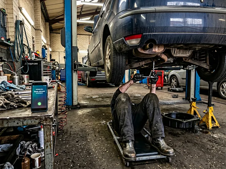 Mechanic unable to answer phone while working under a car on the lift