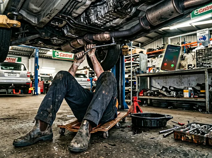 Mechanic unable to answer phone while working under a car on the hoist