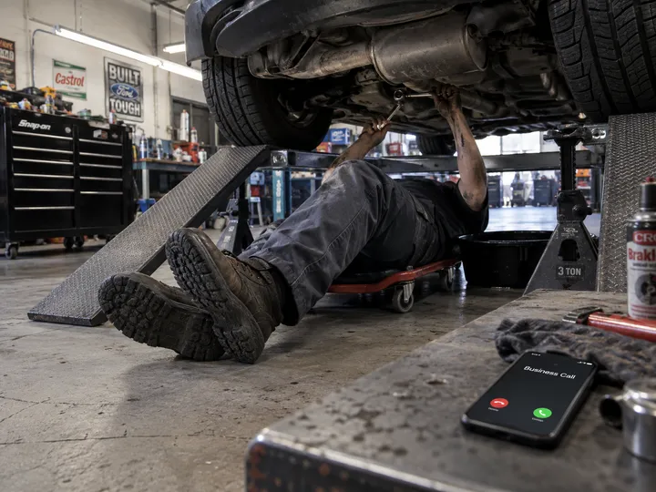 Mechanic unable to answer phone while working under a car on the lift