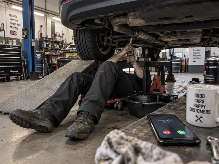 Mechanic unable to answer phone while working under a car on the hoist