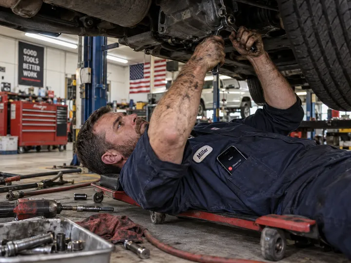 Mechanic working under car while AI handles incoming auto shop phone call
