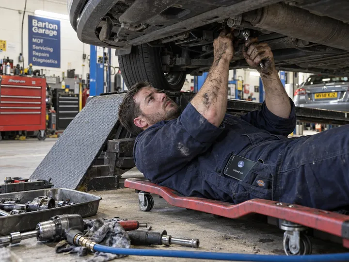 Mechanic working under car while AI handles incoming workshop phone call