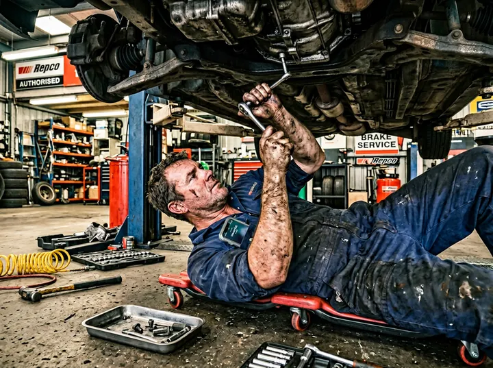 Mechanic working under car while AI handles incoming workshop phone call
