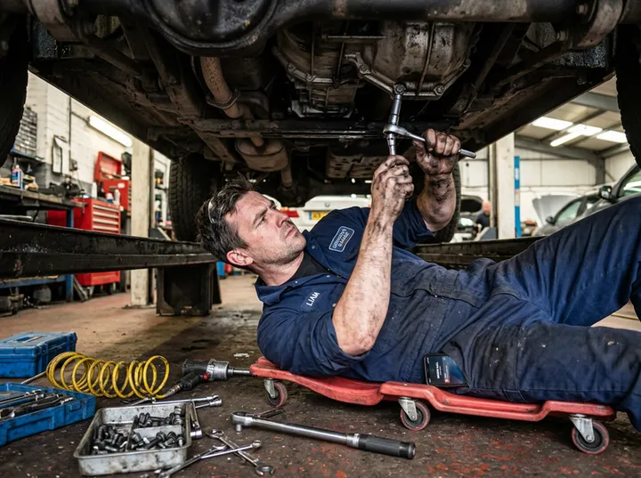 Mechanic working under car while AI handles incoming auto shop phone call