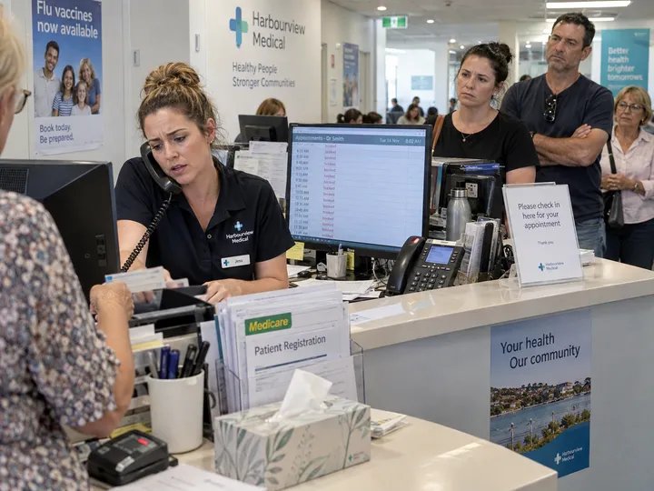 Overwhelmed medical centre receptionist unable to answer ringing phone during morning rush