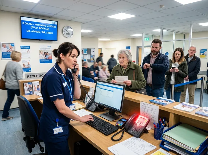 Overwhelmed medical receptionist unable to answer ringing phone during 8am rush