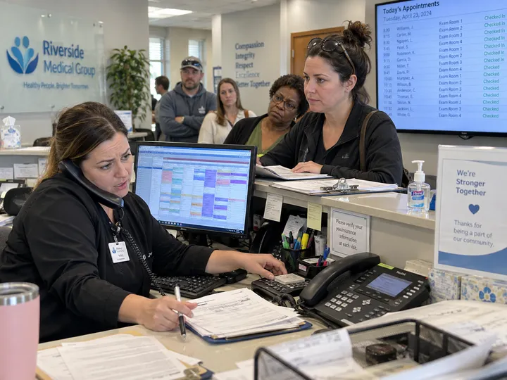 Overwhelmed medical office receptionist unable to answer ringing phone during morning rush