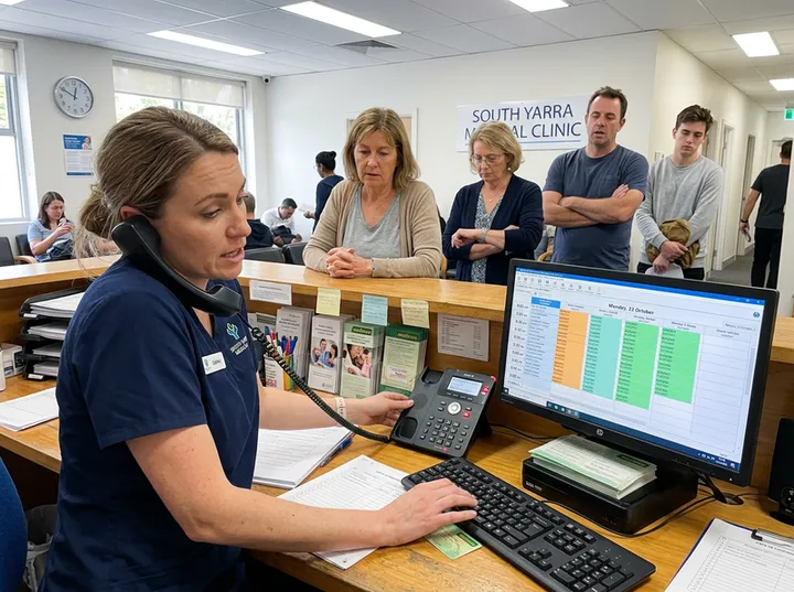 Overwhelmed medical centre receptionist unable to answer ringing phone during morning rush