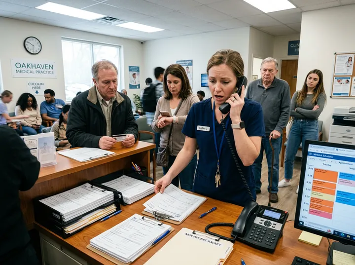 Overwhelmed medical office receptionist unable to answer ringing phone during morning rush