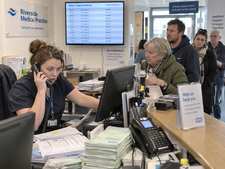 Overwhelmed medical centre receptionist unable to answer ringing phone during morning rush