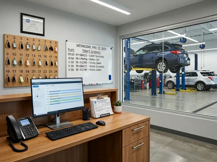AI receptionist capturing state inspection booking details for auto repair shop