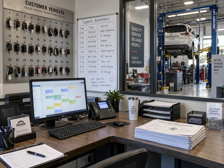 AI receptionist capturing state inspection booking details for auto repair shop