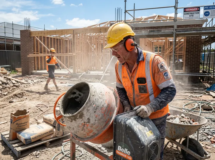 Builder operating machinery while AI handles incoming phone call