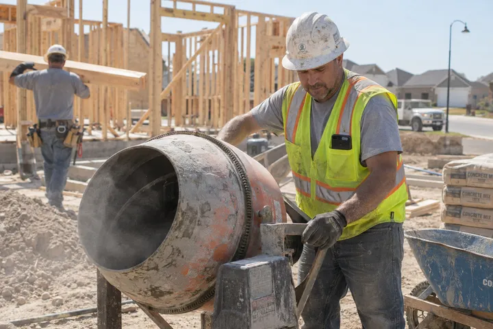 Contractor pouring concrete while AI handles incoming phone call