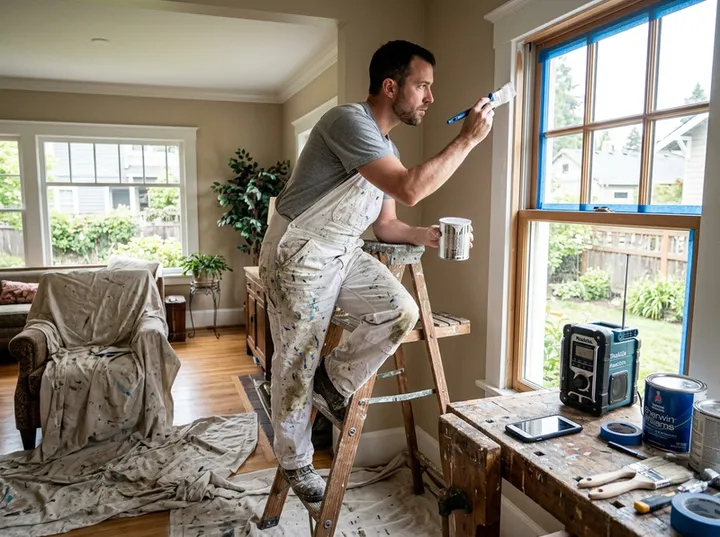 Painter rolling a ceiling while AI handles incoming phone call